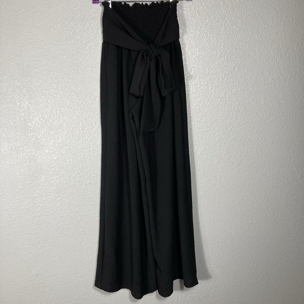 Womens Jumpsuit Strapless Halter Smocked Size M Black Tie Waist Wide Leg Flowy - Picture 8 of 11